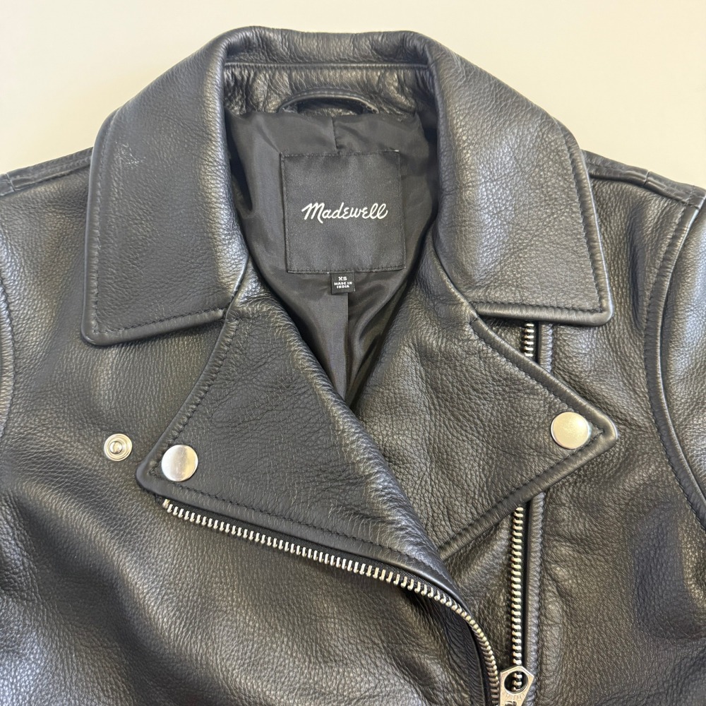 Madewell Washed Leather Motorcycle Jacket Black B0648 XS Womens Biker Belted - Picture 3 of 12